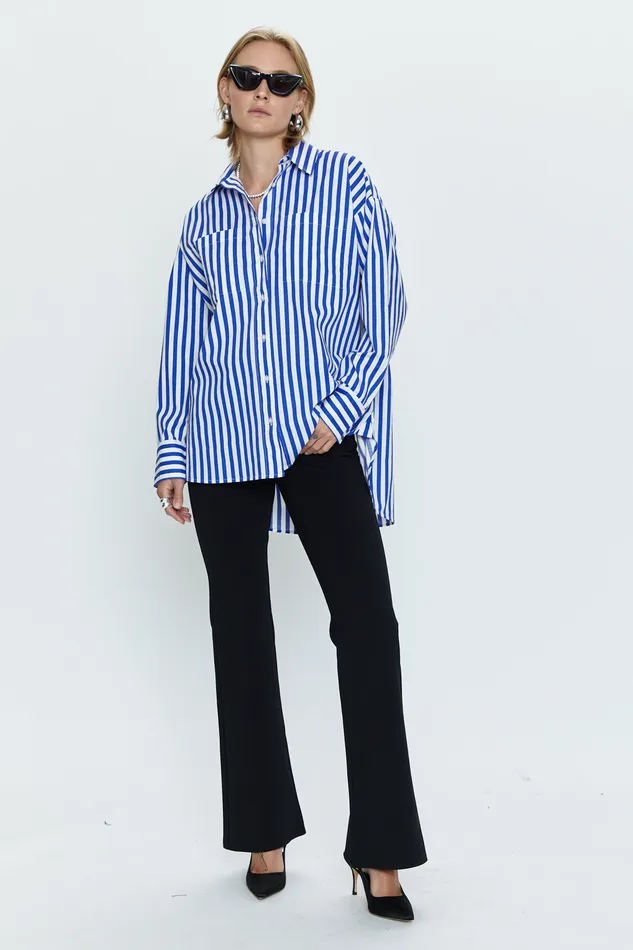 Pistola Denim Rena Button Down Tunic Shirt 8211 Cobalt Stripe Women Tops