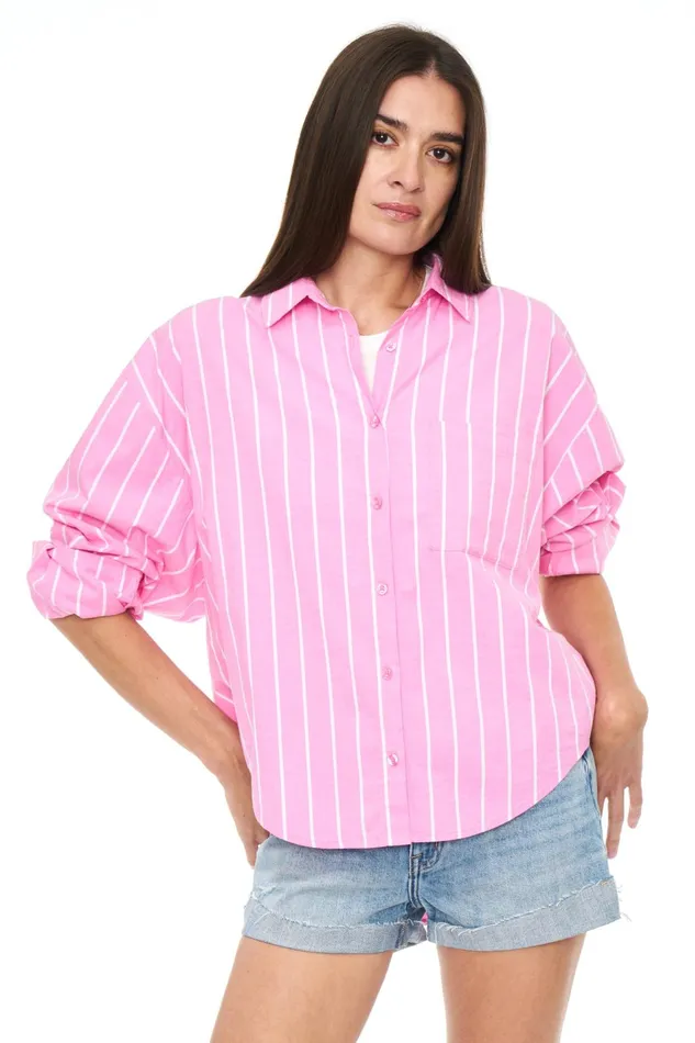 Pistola Denim Sloane Oversized Button Down Shirt 8211 Flamingo Stripe Women Tops