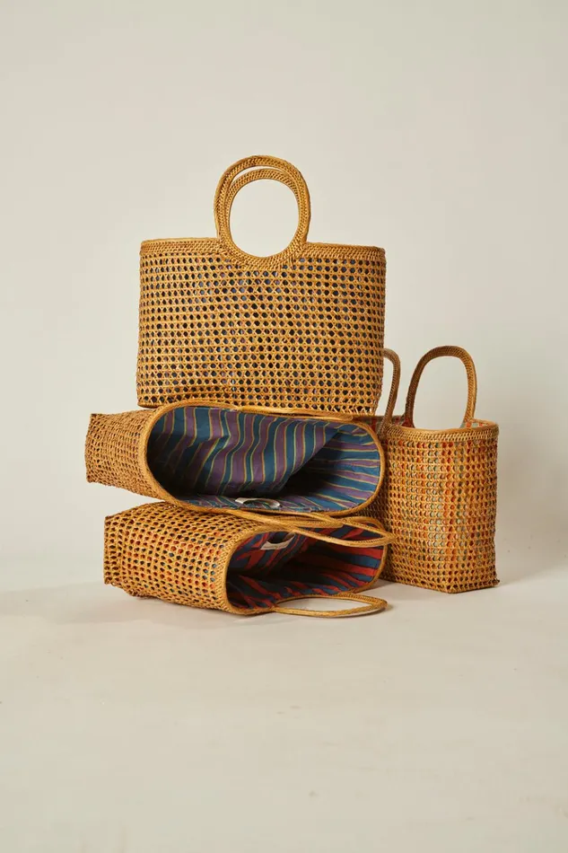 Rattan Hand Bag W Lining Batik Stripe Blood Orange Women Natalie Martin