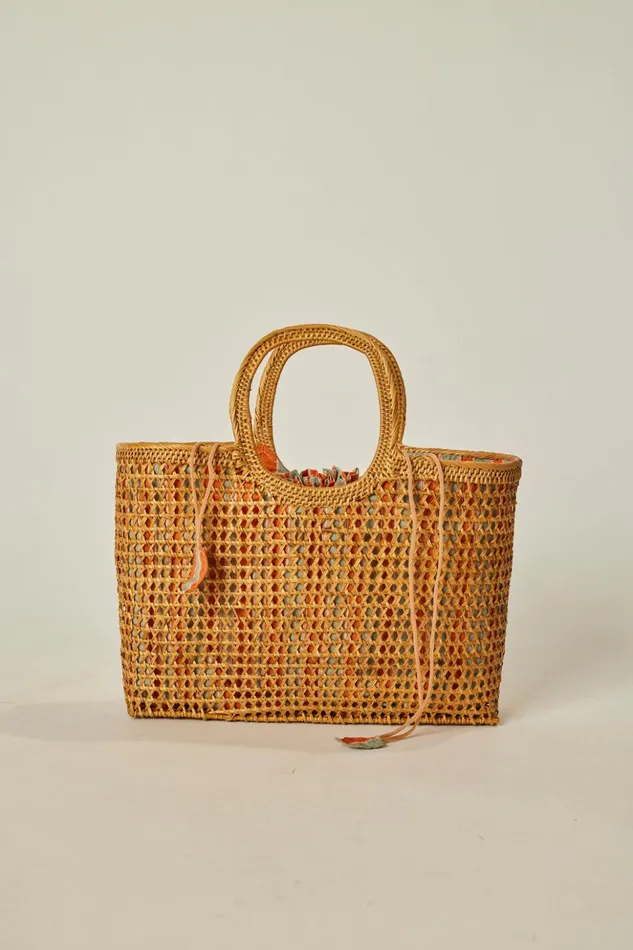 Rattan Hand Bag W Lining Batik Stripe Blood Orange Women Natalie Martin