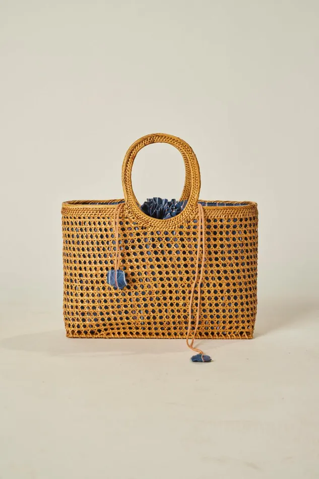Rattan Hand Bag W Lining Batik Stripe Blood Orange Women Natalie Martin