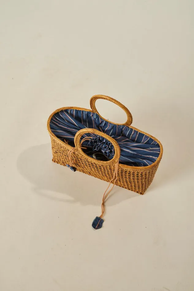 Rattan Hand Bag W Lining Batik Stripe Blood Orange Women Natalie Martin