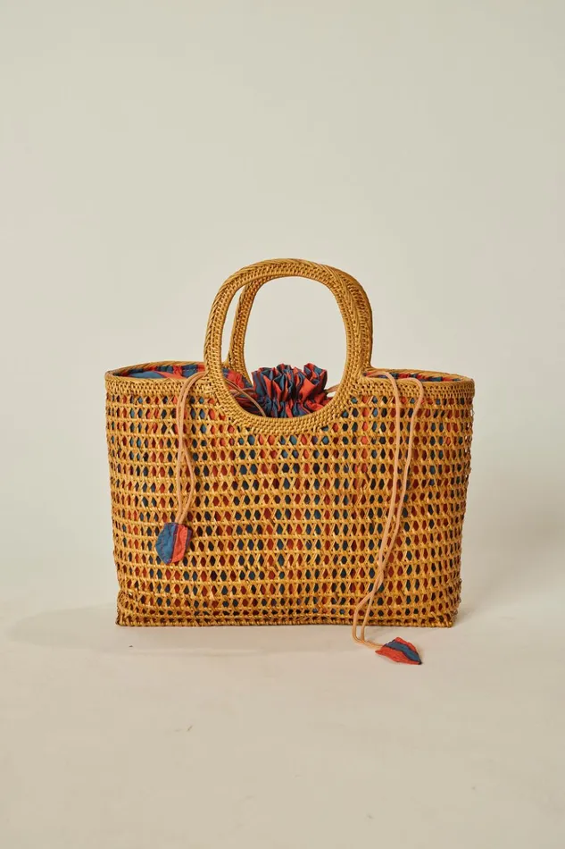 Rattan Hand Bag W Lining Batik Stripe Blood Orange Women Natalie Martin