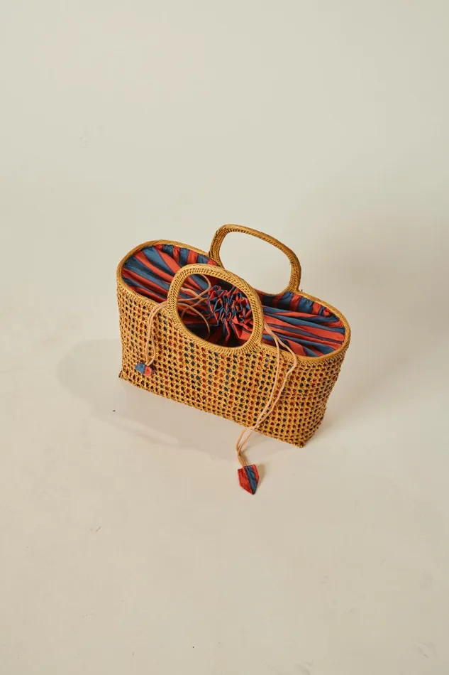 Rattan Hand Bag W Lining Batik Stripe Blood Orange Women Natalie Martin