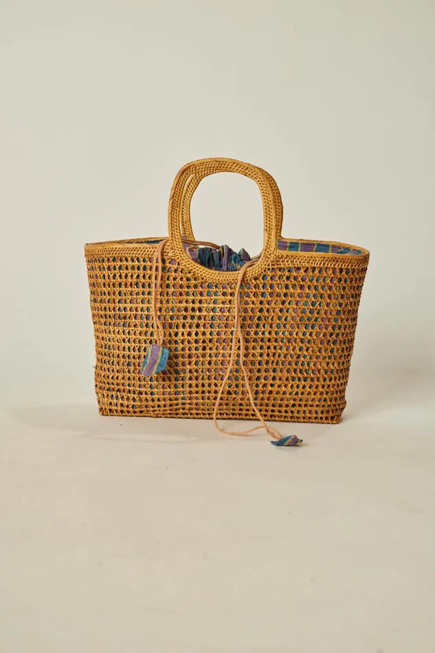 Rattan Hand Bag W Lining Batik Stripe Blood Orange Women Natalie Martin