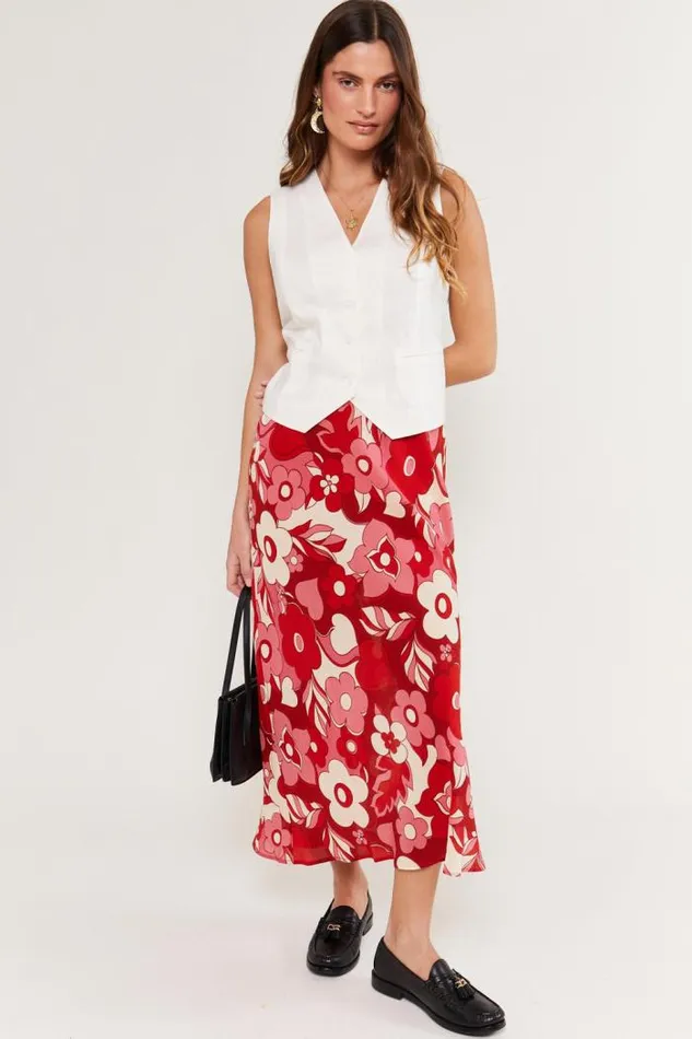 Rixo Coords Women Ardith Silk Midi Skirt Sweetheart Floral Pink