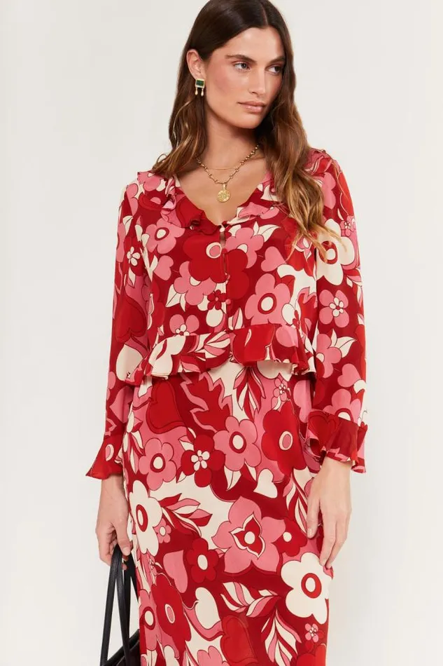 Rixo Coords Women Ardith Silk Midi Skirt Sweetheart Floral Pink