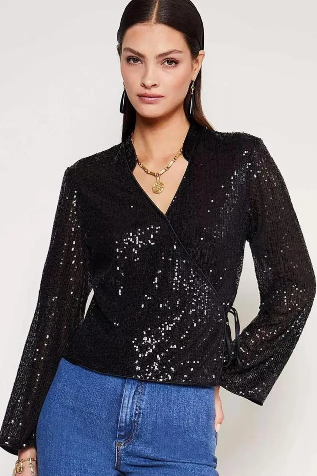 Rixo Coords Women Blossom Wrap Top Black Sequin