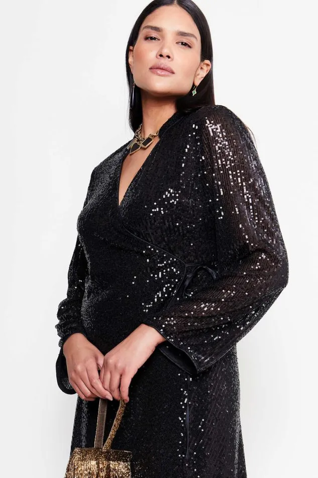 Rixo Coords Women Blossom Wrap Top Black Sequin