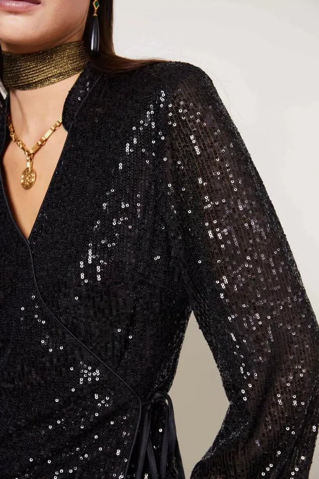 Rixo Coords Women Blossom Wrap Top Black Sequin