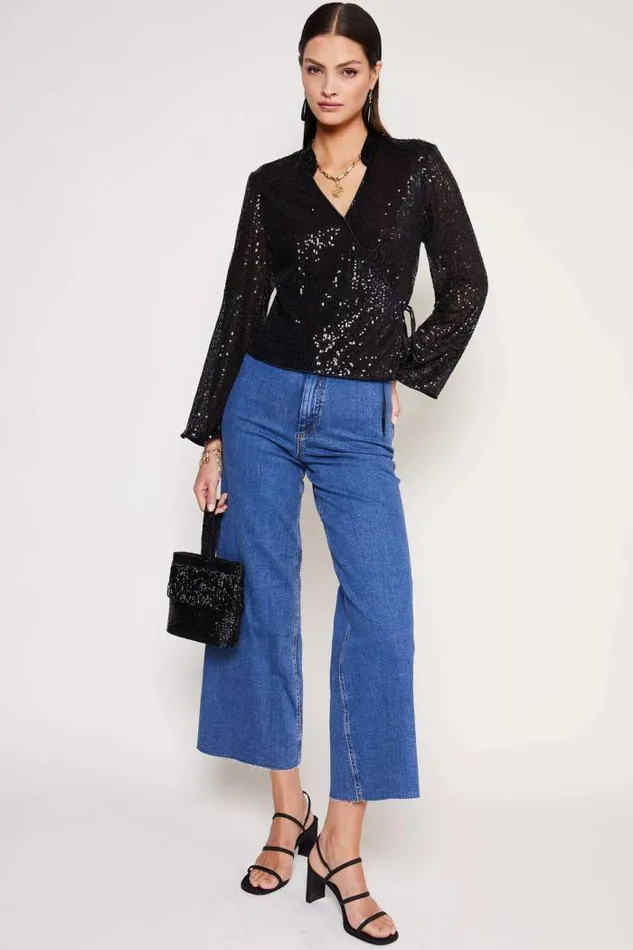 Rixo Coords Women Blossom Wrap Top Black Sequin