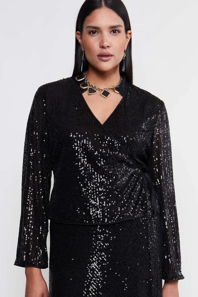 Rixo Coords Women Blossom Wrap Top Black Sequin
