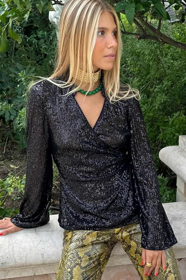 Rixo Coords Women Blossom Wrap Top Black Sequin