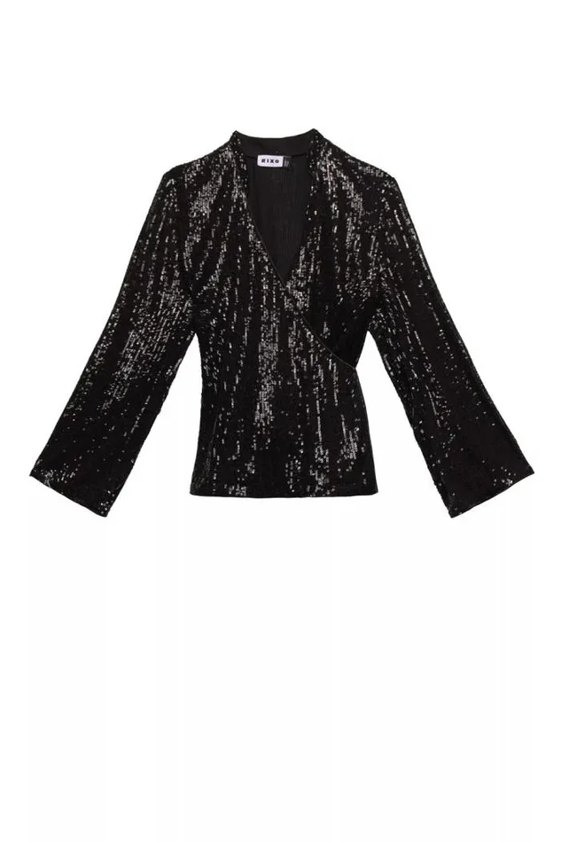 Rixo Coords Women Blossom Wrap Top Black Sequin