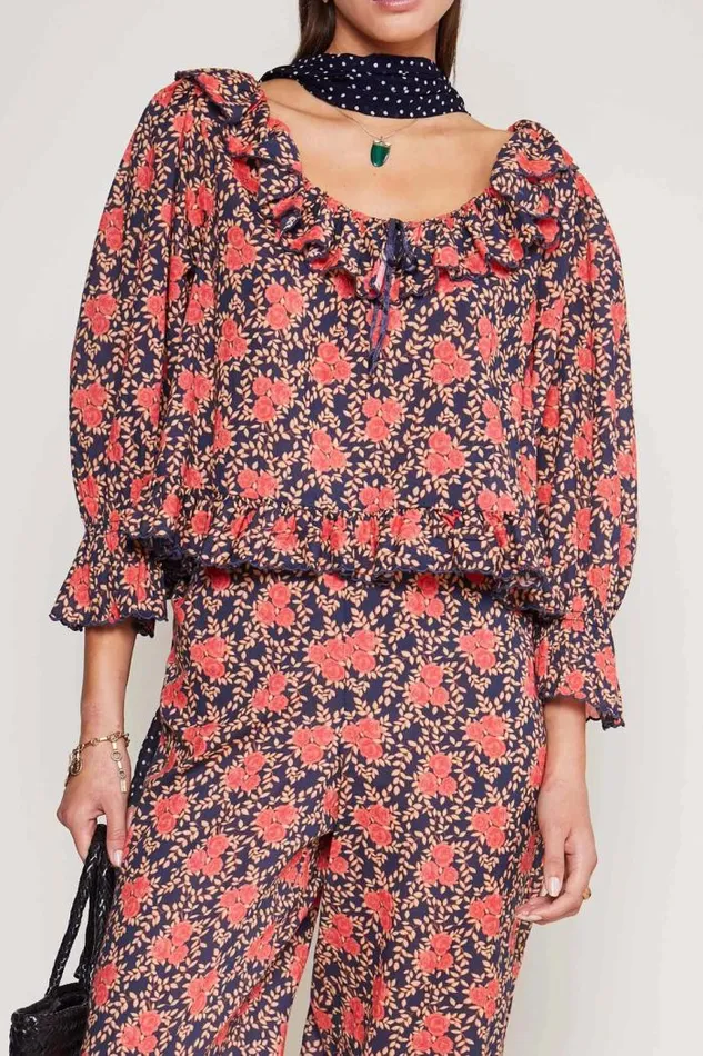 Rixo Coords Women Bobbie Cotton Pyjamas Rennie Rose Blue