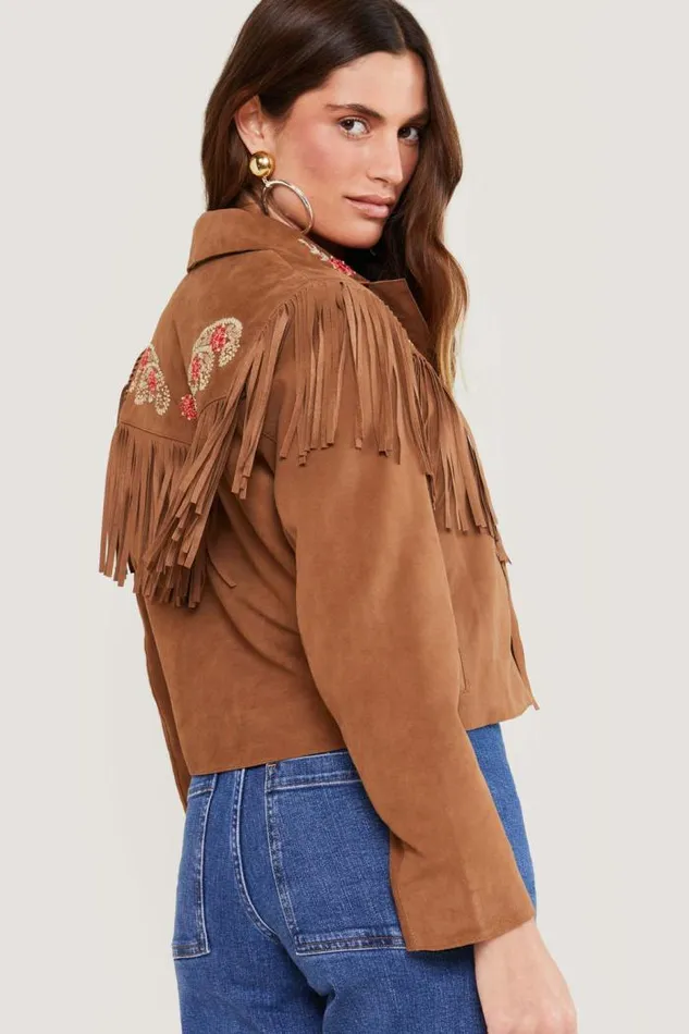 Rixo Coats And Jackets Women Marguerite Suede Jacked Powell Embroidery Camel