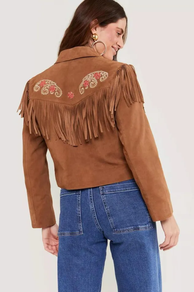 Rixo Coats And Jackets Women Marguerite Suede Jacked Powell Embroidery Camel