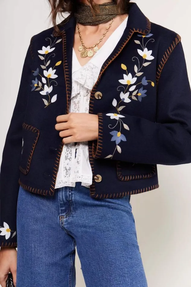 Rixo Coats And Jackets Women Sunday Embroidered Jacket Petal Embroidery Navy