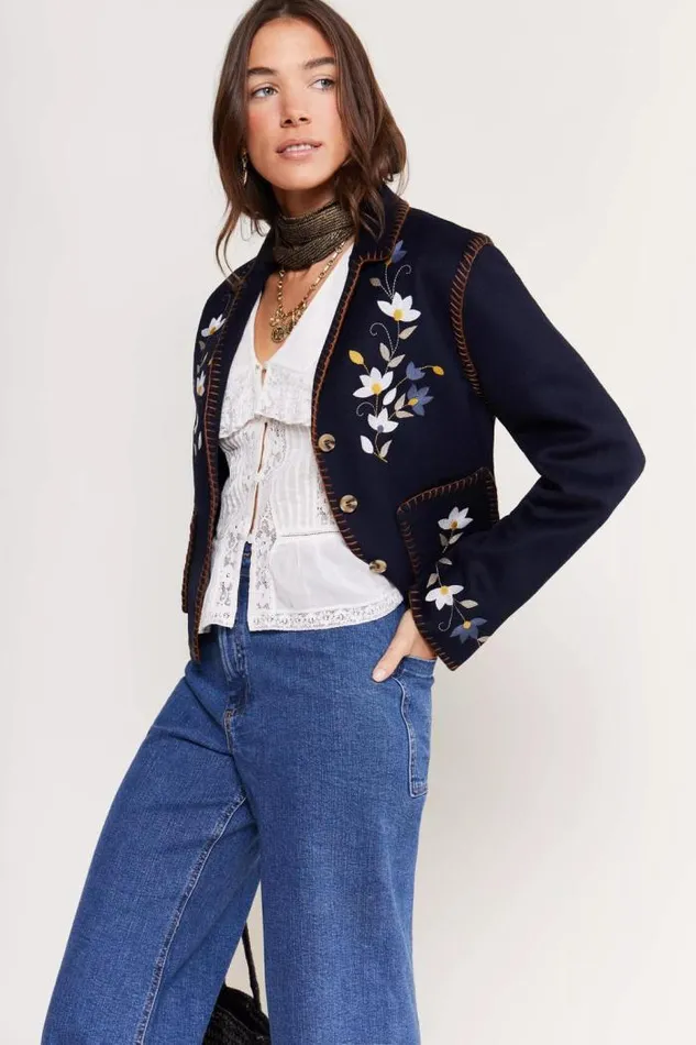 Rixo Coats And Jackets Women Sunday Embroidered Jacket Petal Embroidery Navy