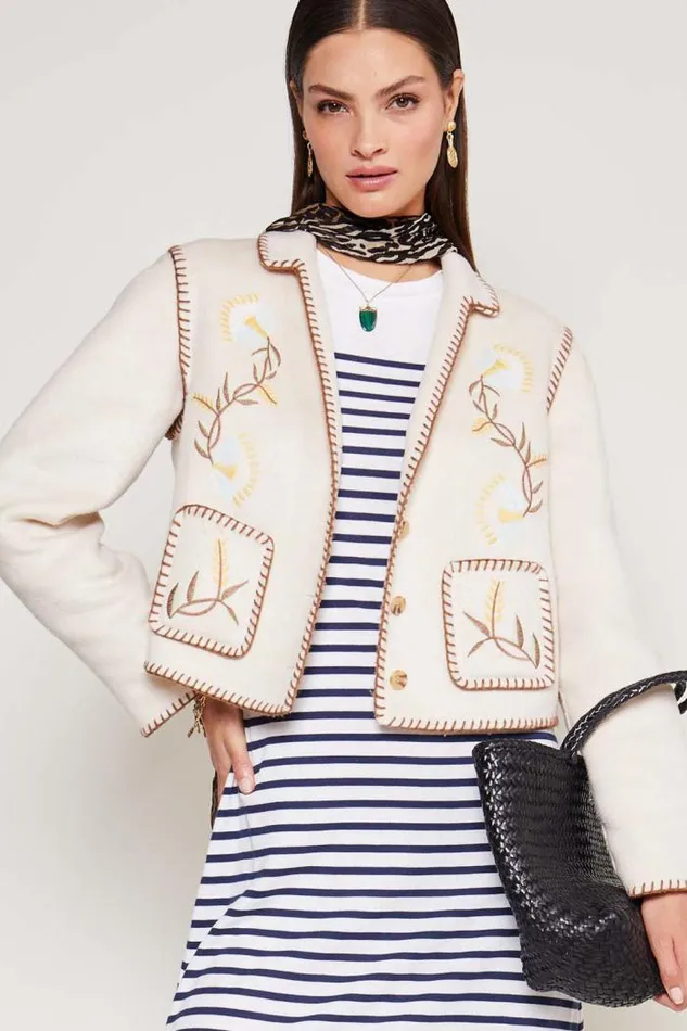 Rixo Coats And Jackets Women Sunday Embroidered Jacket Tulip Vine Embroidery Cream Rixo Coats And Jackets Women Sunday Embroidered Jacket Tulip Vine Embroidery Cream