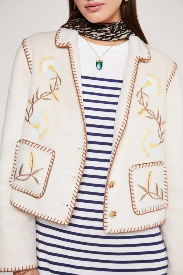 Rixo Coats And Jackets Women Sunday Embroidered Jacket Tulip Vine Embroidery Cream