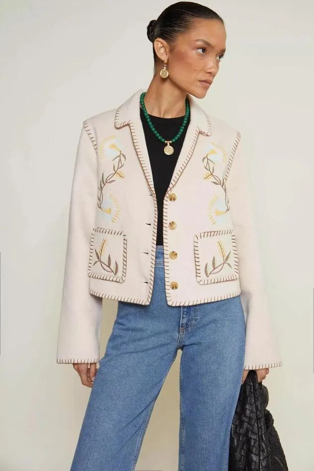 Rixo Coats And Jackets Women Sunday Embroidered Jacket Tulip Vine Embroidery Cream