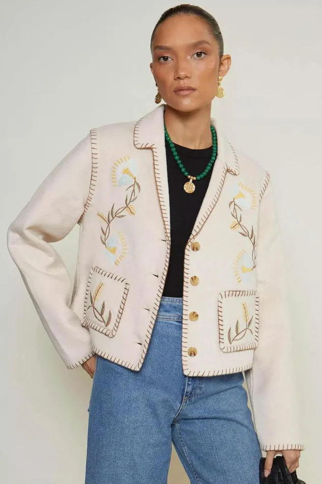 Rixo Coats And Jackets Women Sunday Embroidered Jacket Tulip Vine Embroidery Cream