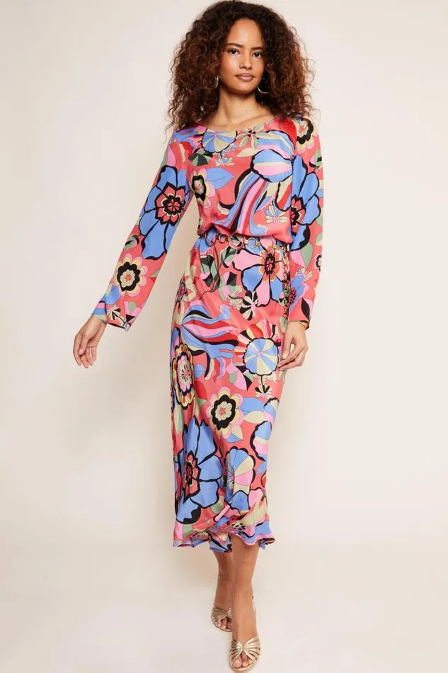 Rixo Dresses Women Alondra Silk Midi Dress Miami Floral Tangerine