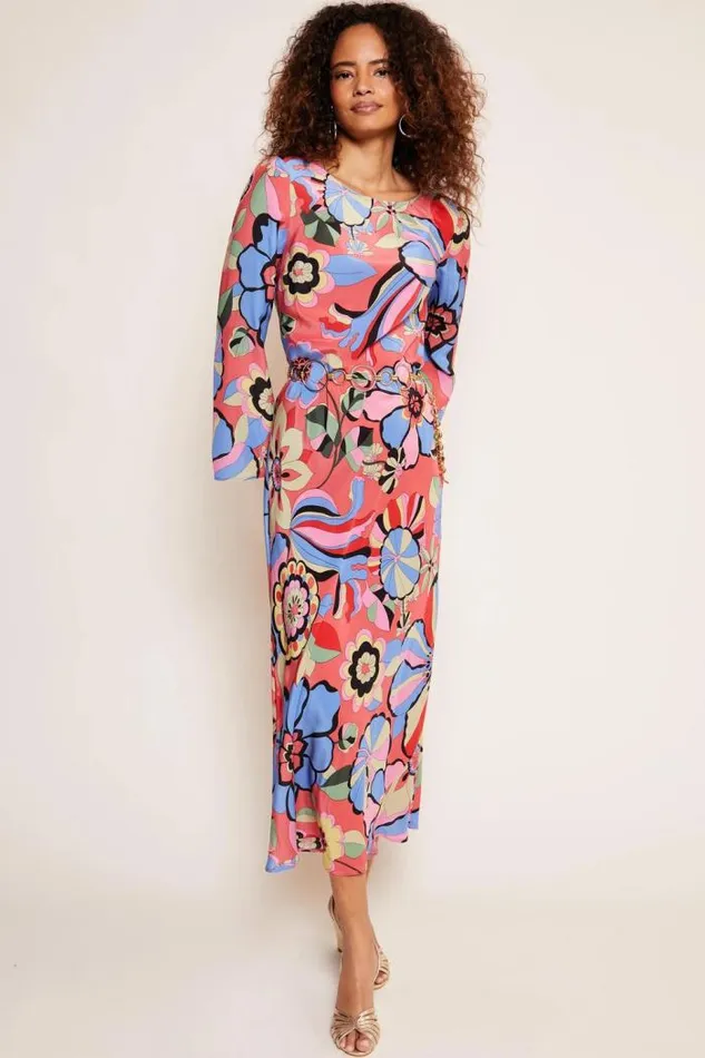 Rixo Dresses Women Alondra Silk Midi Dress Miami Floral Tangerine