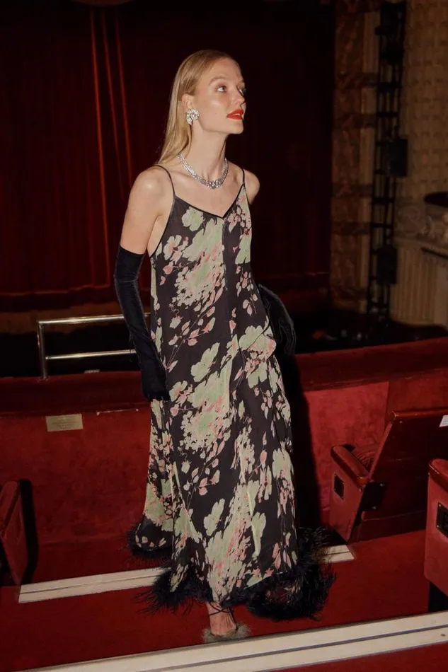 Rixo Dresses Women Amaryllis Feathered Gown Black Watercolour Blossom