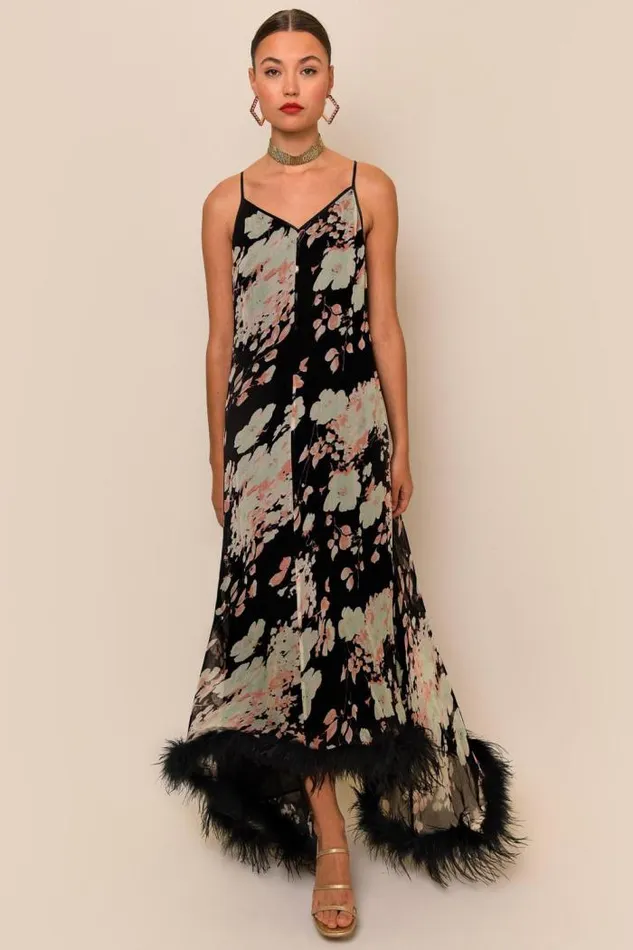 Rixo Dresses Women Amaryllis Feathered Gown Black Watercolour Blossom