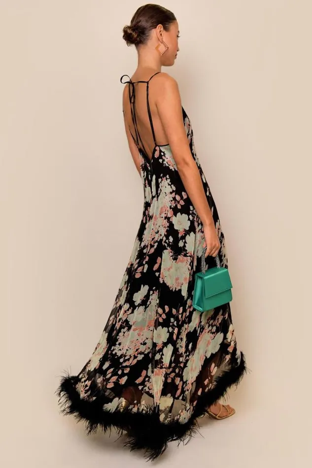 Rixo Dresses Women Amaryllis Feathered Gown Black Watercolour Blossom