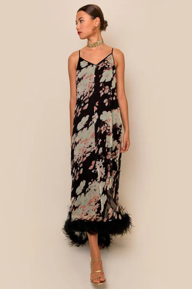 Rixo Dresses Women Amaryllis Feathered Gown Black Watercolour Blossom