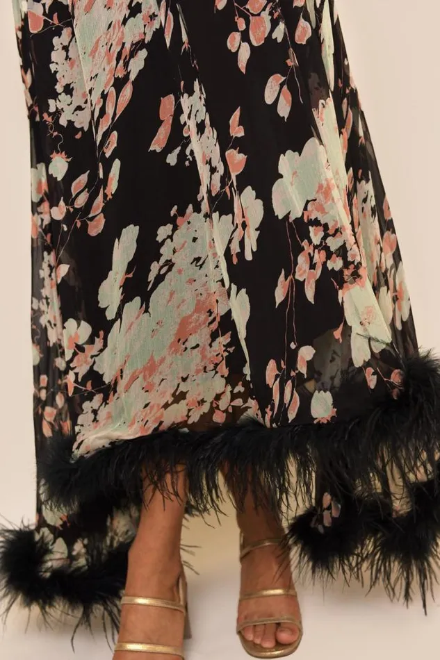 Rixo Dresses Women Amaryllis Feathered Gown Black Watercolour Blossom