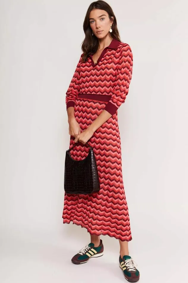 Rixo Dresses Women Annie Knitted Midi Dress Chevron Stripe Red