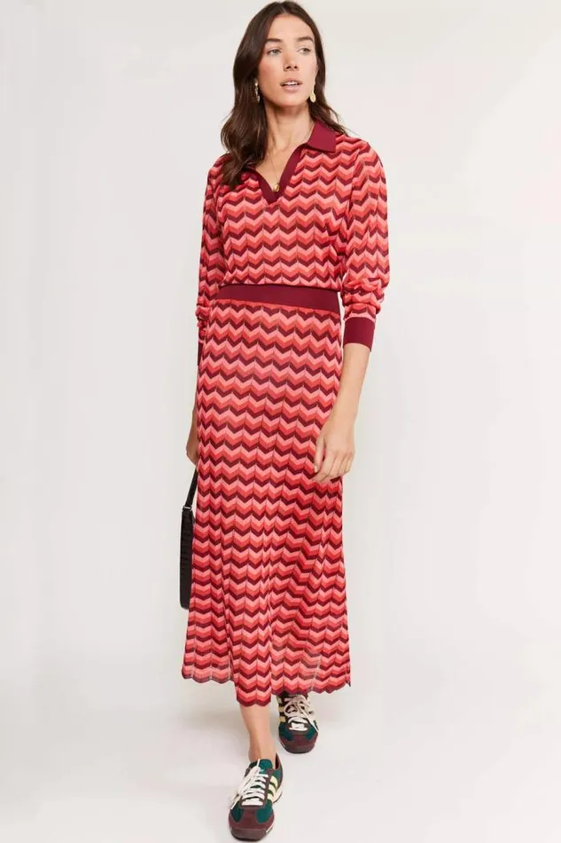 Rixo Dresses Women Annie Knitted Midi Dress Chevron Stripe Red