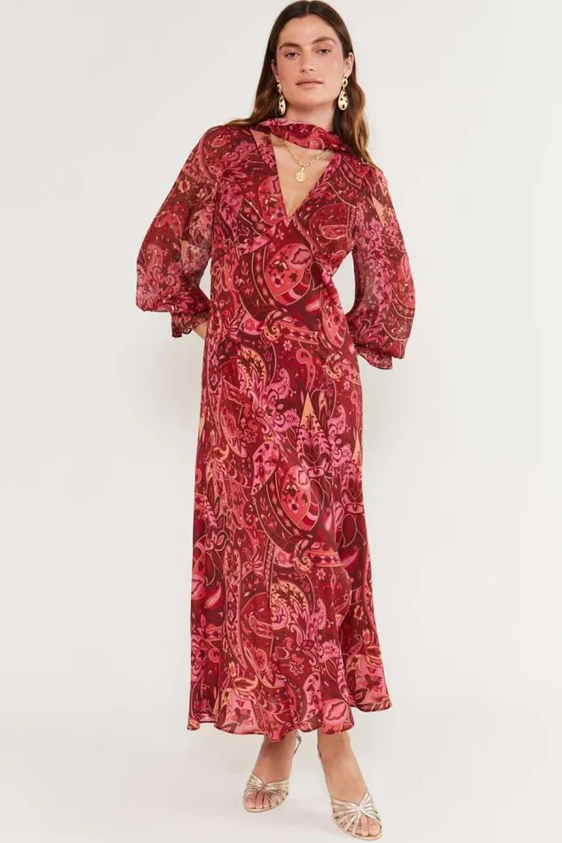 Rixo Dresses Women Aoife Silk Midi Dress Grace Paisley Berry