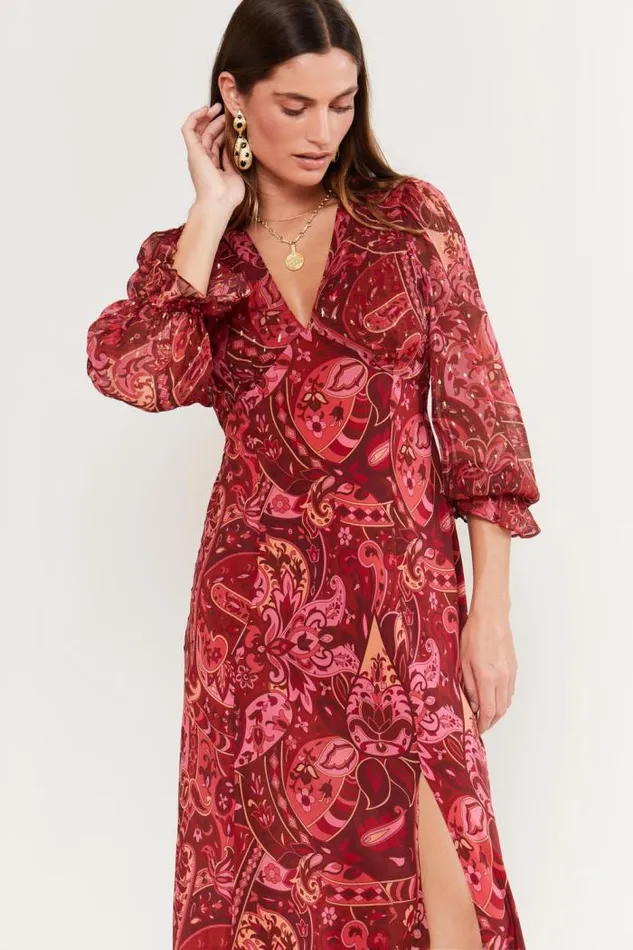 Rixo Dresses Women Aoife Silk Midi Dress Grace Paisley Berry