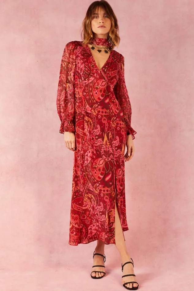 Rixo Dresses Women Aoife Silk Midi Dress Grace Paisley Berry