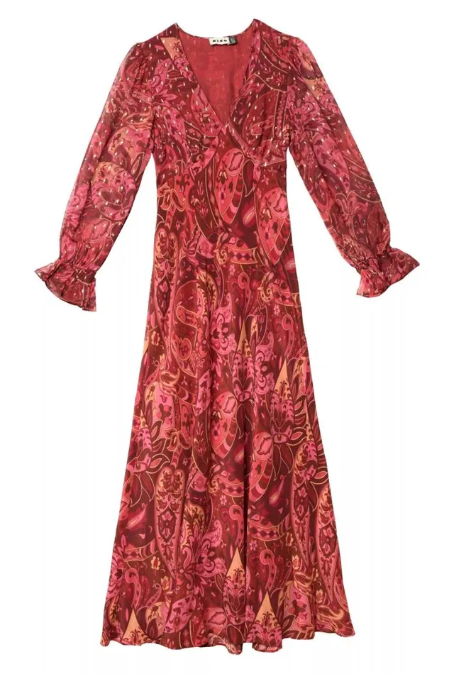 Rixo Dresses Women Aoife Silk Midi Dress Grace Paisley Berry