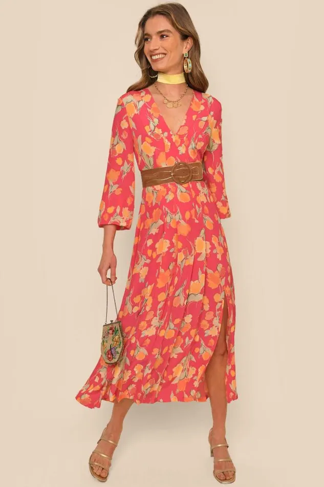 Rixo Dresses Women Camellia Silk Midi Dress Fontainhas Floral Coral