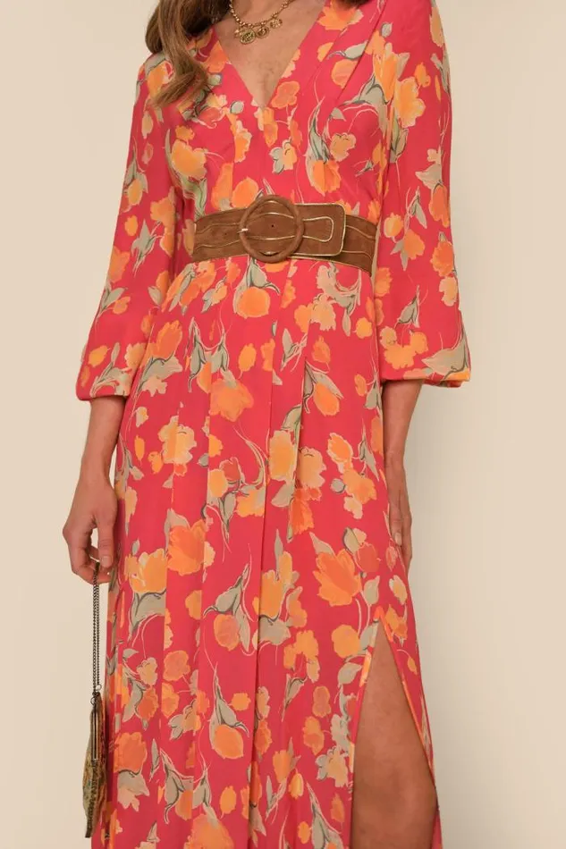 Rixo Dresses Women Camellia Silk Midi Dress Fontainhas Floral Coral
