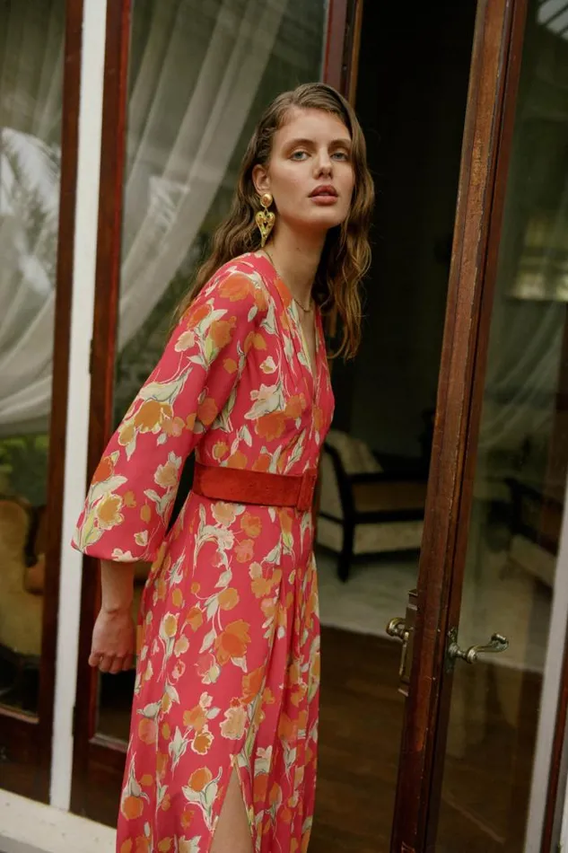 Rixo Dresses Women Camellia Silk Midi Dress Fontainhas Floral Coral