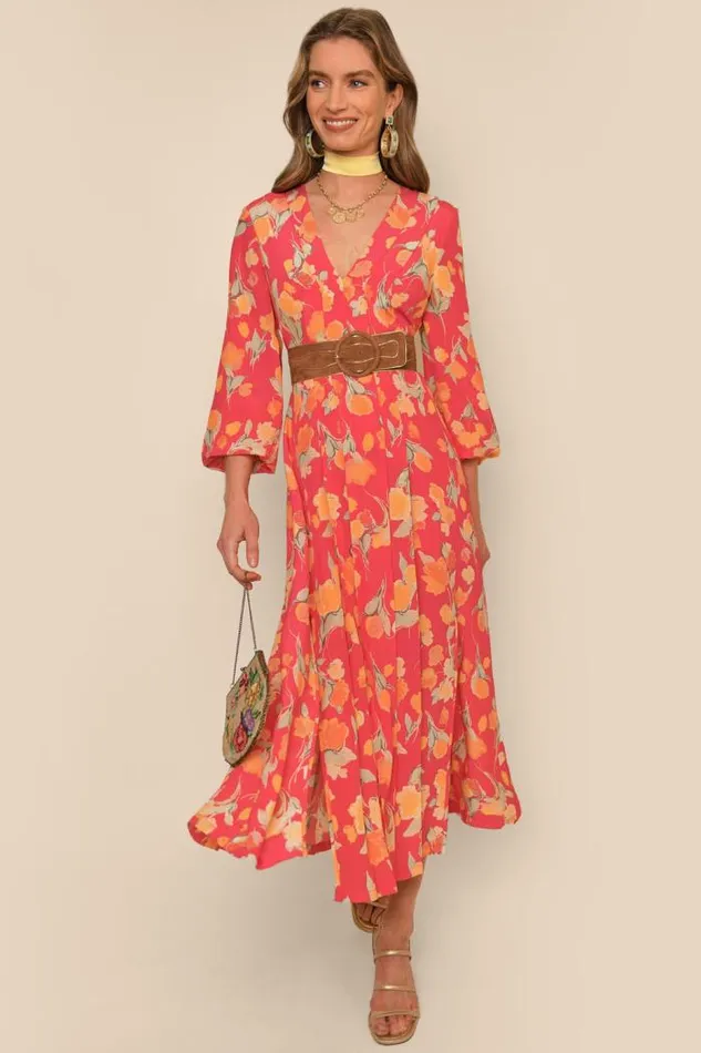 Rixo Dresses Women Camellia Silk Midi Dress Fontainhas Floral Coral