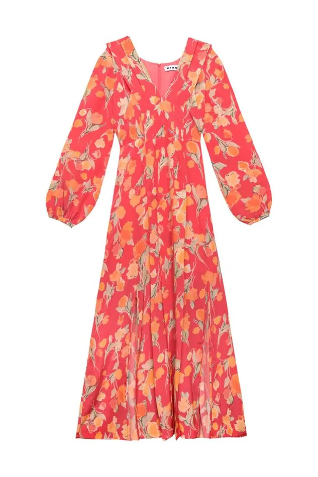 Rixo Dresses Women Camellia Silk Midi Dress Fontainhas Floral Coral