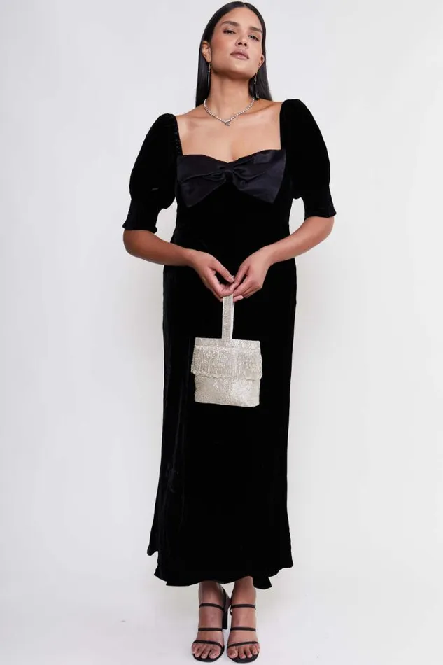 Rixo Dresses Women Celia Velvet Midi Dress Shimmer Embellishment Bow Black
