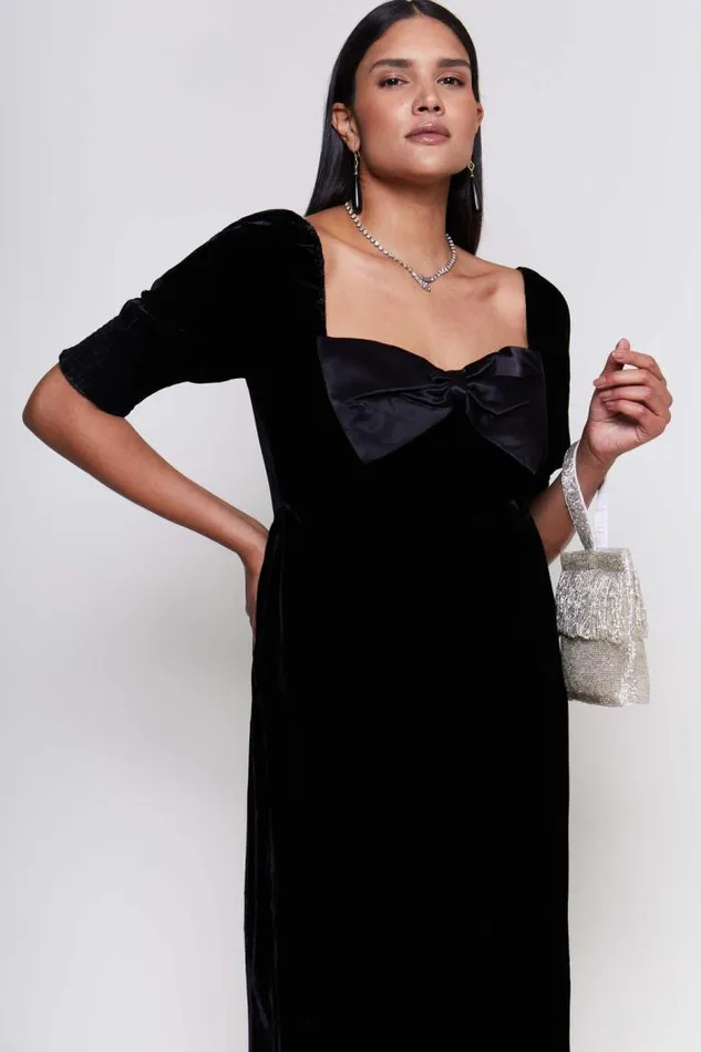 Rixo Dresses Women Celia Velvet Midi Dress Shimmer Embellishment Bow Black