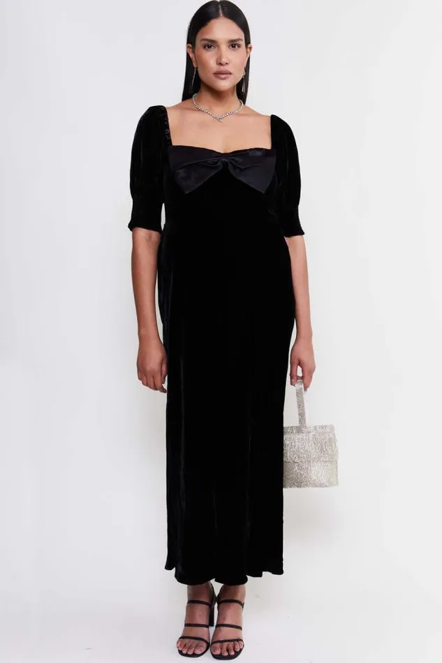 Rixo Dresses Women Celia Velvet Midi Dress Shimmer Embellishment Bow Black