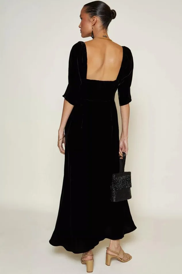 Rixo Dresses Women Celia Velvet Midi Dress Shimmer Embellishment Bow Black