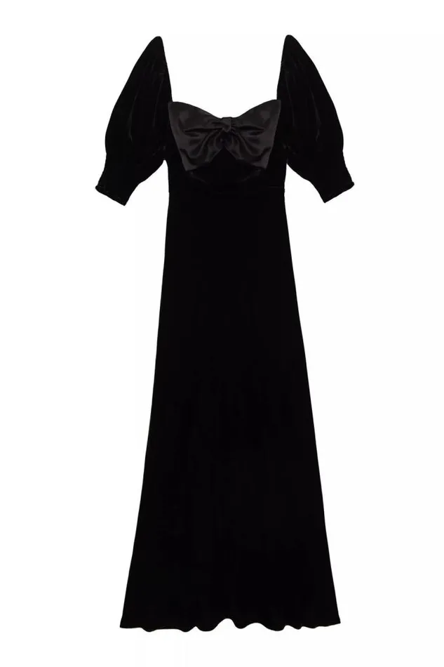 Rixo Dresses Women Celia Velvet Midi Dress Shimmer Embellishment Bow Black